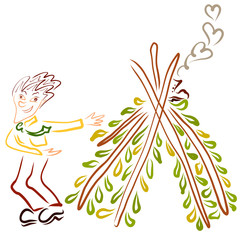 cheerful man in a tie invites to a hut made of branches