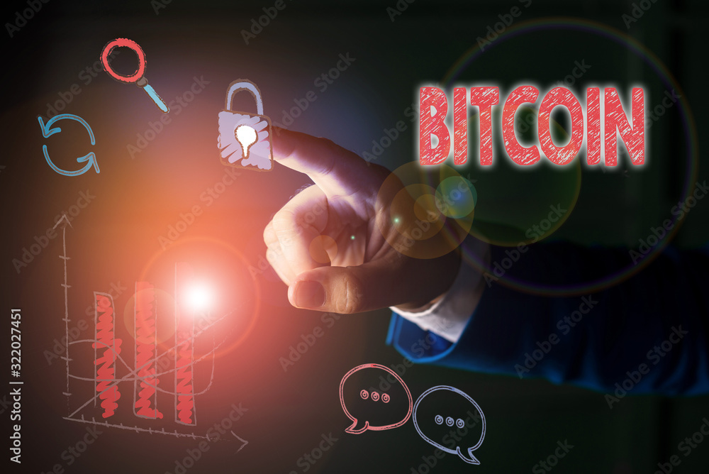 Poster writing note showing bitcoin. business concept for cryptocurrency blockchain digital currency tradea