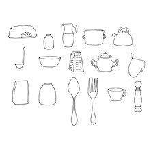 Vector set kitchen, bread box, bread, jar, jug, pot, kettle, ladle, bowl, grater, sugar bowl, pot holder, package, spoon, fork, cup, pepper bowl
