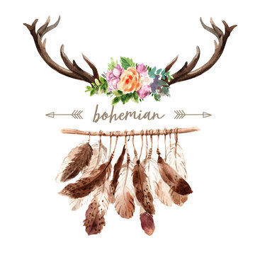 Bohemian wreath design with antler, flower watercolor illustration,