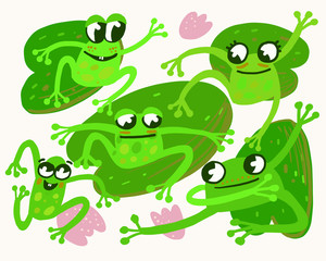 vector illustration of five frogs in a swamp, poses of funny funny frogs. Toad's girlfriends are having fun. Illustration for books, postcards and the Internet, a selection of frogs