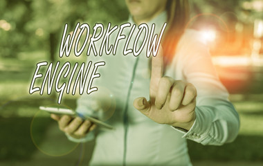 Text sign showing Workflow Engine. Business photo text software application that analysisages...