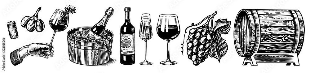 Wall mural Wine set. Alcoholic drink in the hand. Sparkling champagne, bottle and glass Cheers, ice bucket, wooden barrel. Grapes Corkscrew Olives Cork. Drawn engraved sketch for bar, restaurant menu.