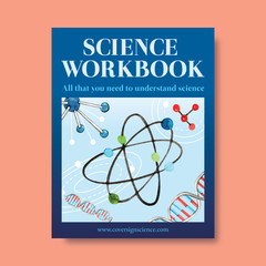 Science cover book design with molecule, DNA watercolor illustration.