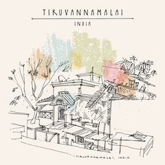 Tiruvannamalai (Tiru), Tamil Nadu, South India. Street, houses and trees. Travel sketch drawing. Vintage postcard