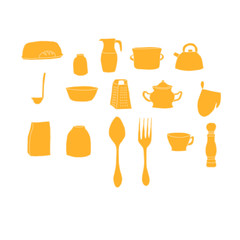 Vector setkitchen, bread box, bread, jar, jug, pot, kettle, ladle, bowl, grater, sugar bowl, pot holder, package, spoon, fork, cup, pepper bowl