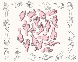 vector image set of hand positions, hand positions, bent fingers, sign language, hand contour for the character