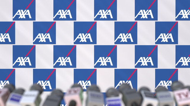 Press conference of AXA, press wall with logo and microphones, conceptual editorial 3D rendering
