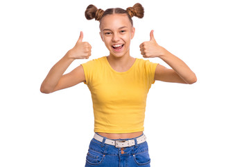 Portrait of teen girl making thumb up gesture, isolated on white background. Beautiful caucasian young teenager smiling and showing success sign. Happy cute child looking at camera. - 322028830