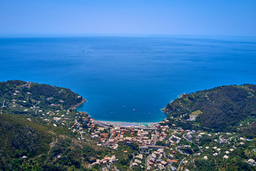 Fototapeta na wymiar Aerial photography with drone. Panoramic view of the Ligurian coast. The resort town of Bonassola Spezia, Italy.