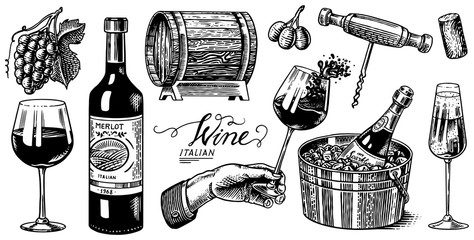 Wine set. Alcoholic drink in the hand. Sparkling champagne, bottle and glass Cheers, ice bucket, wooden barrel. Grapes Corkscrew Olives Cork. Drawn engraved sketch for bar, restaurant menu.