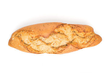 homemade golden bread with different seeds isolated on white background. top view