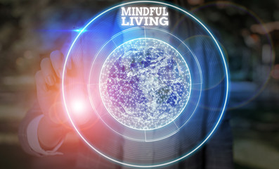 Writing note showing Mindful Living. Business concept for Having a sense of purpose and setting...