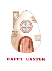 Greeting card Happy Easter, Egg house, watercolor illustration