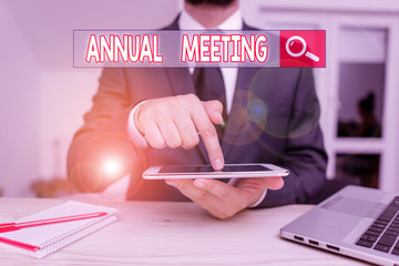 Handwriting text Annual Meeting. Conceptual photo a meeting of the general membership of an...