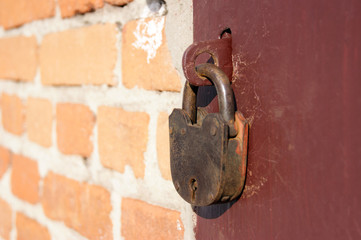 Old castle on closed iron doors.