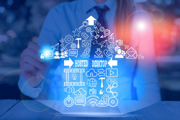 Handwriting text writing Hosted Desktop. Conceptual photo product set within the larger cloudcomputing sphere