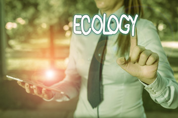 Word writing text Ecology. Business photo showcasing Branch of science relation organisms...