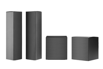 Collection of different black paper boxes -  tall slim rectangle, square side and front view isolated, mock up packing, branding product, advertising, design.