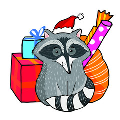 Festive little raccoon, celebrates Christmas, lots of gifts, holiday, vector postcard