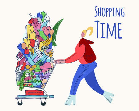 vector illustration of a woman in a supermarket bought products for the holiday, carries a mountain of products in a cart. Picture for your online profiles and business