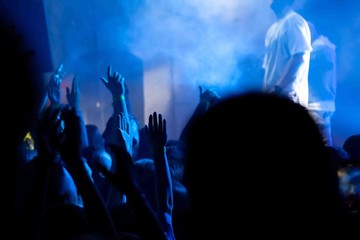 Audience with hands raised at a music festival with colored lights streaming down from above the...