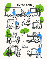 vector illustration of urban transport, workers and cars in the city. Park, trees, city, drivers near their transport. the driver of the car, a man. Set road transport sketch