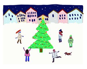 vector illustration of city winter landscape for new year and Christmas, city square with Christmas tree, street party, joy of people in winter. Postcard, banner for congratulating loved ones