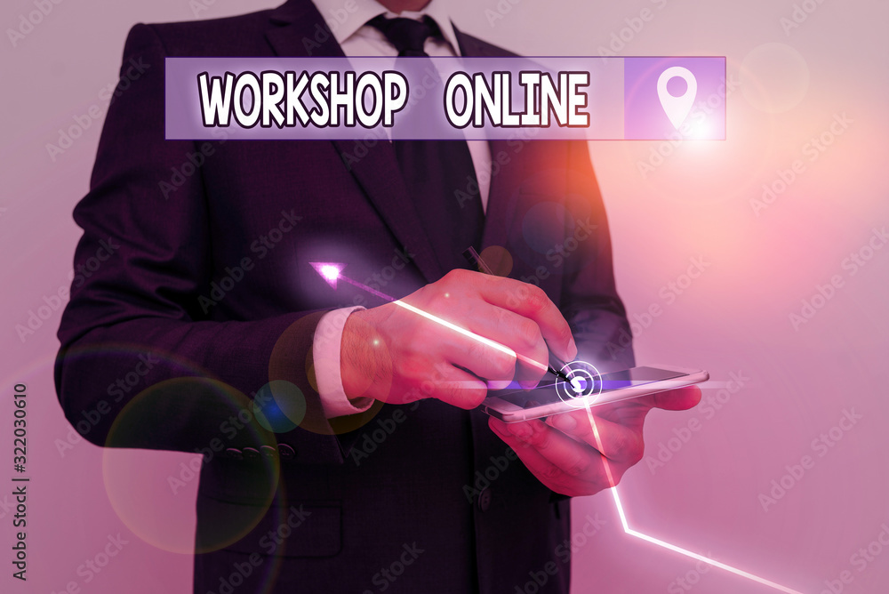 Poster writing note showing workshop online. business concept for group of showing engage in intensive disc