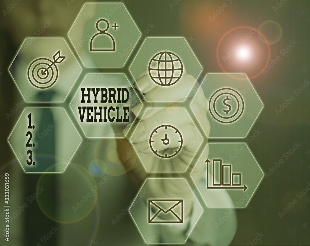 Aufkleber writing note showing hybrid vehicle. business concept for automobile that uses more than one means o