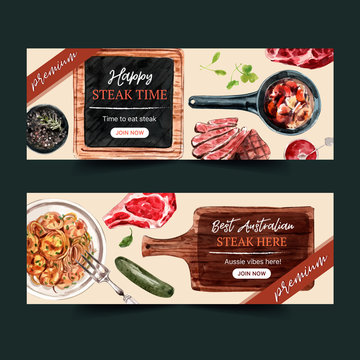 Steak banner design with grilled meat, spaghetti watercolor illustration.