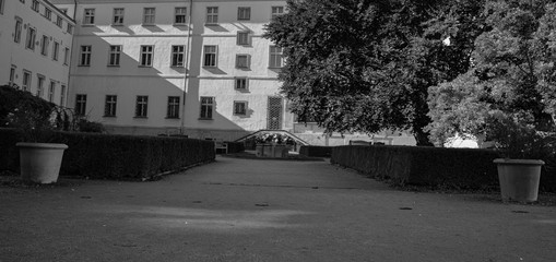 Vojanovy Sady, Park, fountain, Prague, Czech Republic, Black and White
