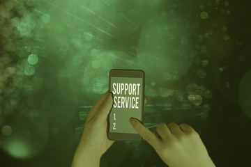 Writing note showing Support Service. Business concept for activity for execution of a product or...