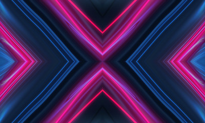 Dark abstract futuristic background. Neon lines glow. Neon lines, geometric shapes. Pink and blue glow. Abstract neon light, night view.