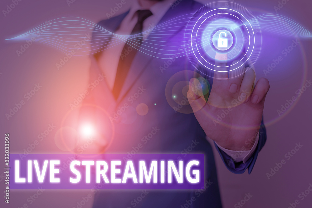 Poster conceptual hand writing showing live streaming. concept meaning media simultaneously recorded and br