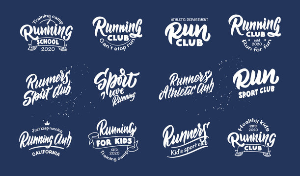 Set of vintage Sport and Run phrases. Sport white emblem, badges, templates and stickers for Running club