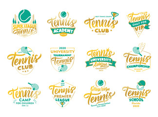 Set of vintage Tennis emblems and stamps. Gold badges, templates and stickers