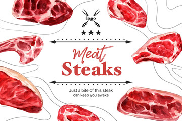 Steak frame design with various types of meat watercolor illustration.