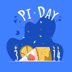 Fototapeta premium Pi 3,14 day vertical poster template. Annual celebration of the mathematical constant π (pi) on March 14. Piece of Pi Pie with strawberries and 3,14 birthday candle numbers. Mathematicians holiday.