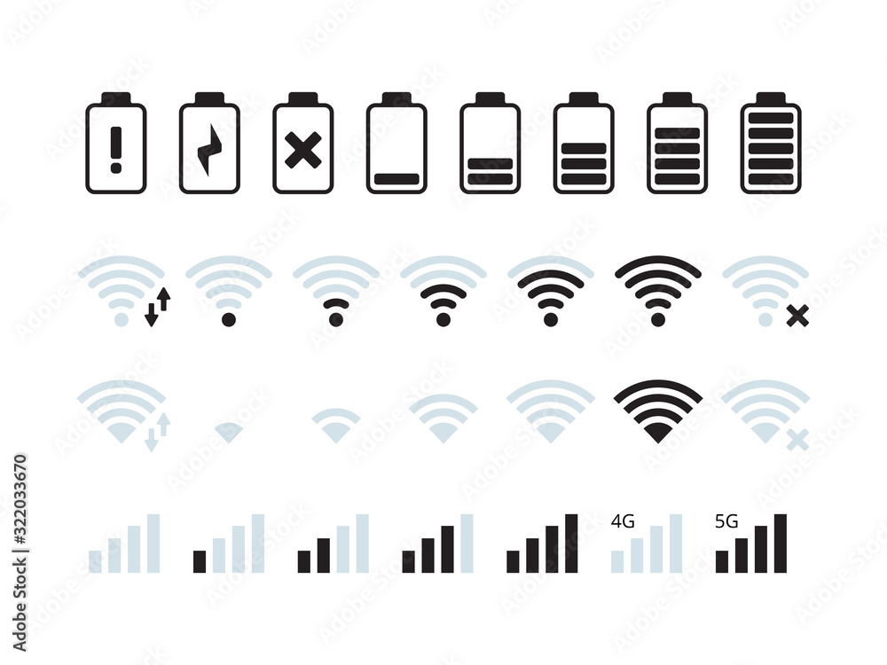 Aufkleber phone interface bar. mobile network wifi 5g signal battery status symbols vector collection. illustr