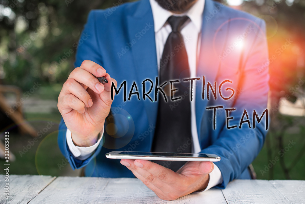 Aufkleber conceptual hand writing showing marketing team. concept meaning promotes your business and drives sa