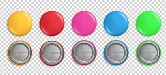 Pin buttons. Round badges, circle glossy colorful magnets. Pink, red and yellow realistic isolated vector pins mockup. Button pin template, blank label souvenir illustration