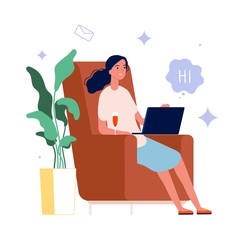 Fototapeta na wymiar Online chat. Woman with wine glass and laptop. Video call, social media addiction or freelance work vector concept. Online communication, woman with laptop illustration