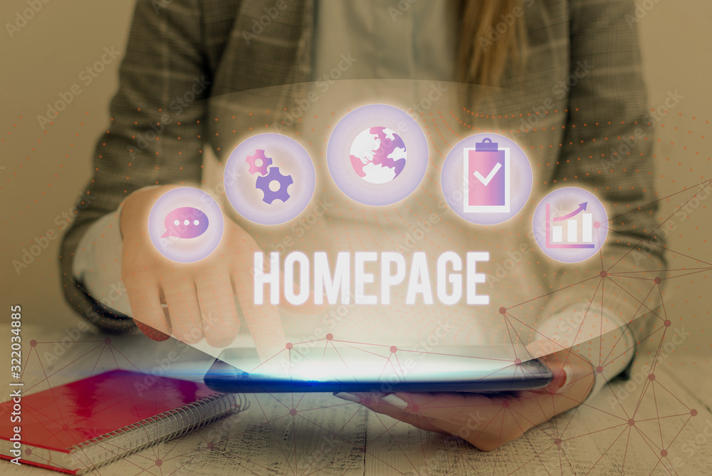 Poster writing note showing homepage. business concept for the introductory page of a website table of cont
