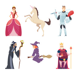 Fairy tale characters. Queen wizard fantasy mascot kingdom boys girls animals vector cartoon pictures. Princess and witch, fairy magic, knight and king illustration