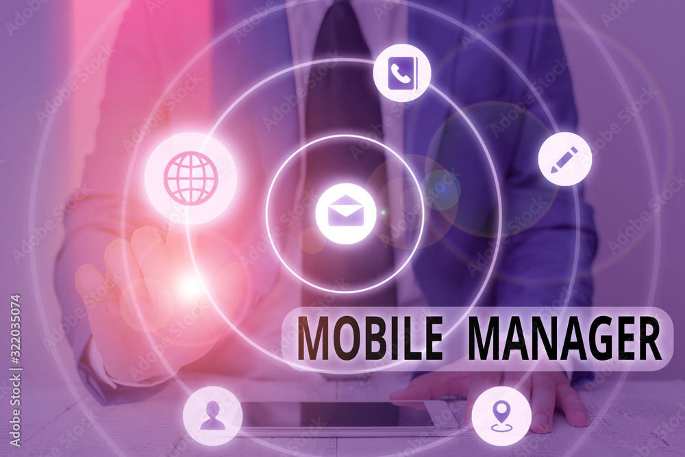 Poster conceptual hand writing showing mobile manager. concept meaning monitor, analysisage and secure empl