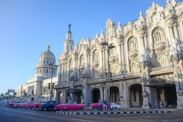Great theatre of Havana with parked retro cars in Havana, Cuba