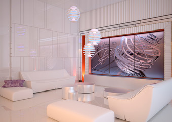 Futuristic interior design. Comfortable living room in white tones. Leather furniture. 3D illustration