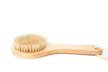 Closeup of cactus fiber body brush isolated on a white background. Natural, plastic free beauty tool. Bath and home self care concept. Flat lay, top view. Copy space for your text
