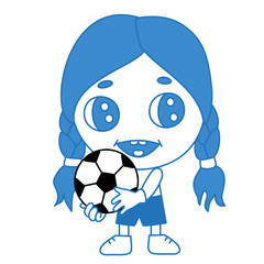 girl soccer player stands holds a football ball and smiles, emoticon in blue tones on a white isolated background